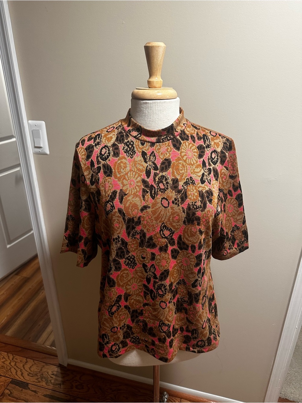 Maeve Brown and Pink Floral Mock-Neck Short Sleeve Tee